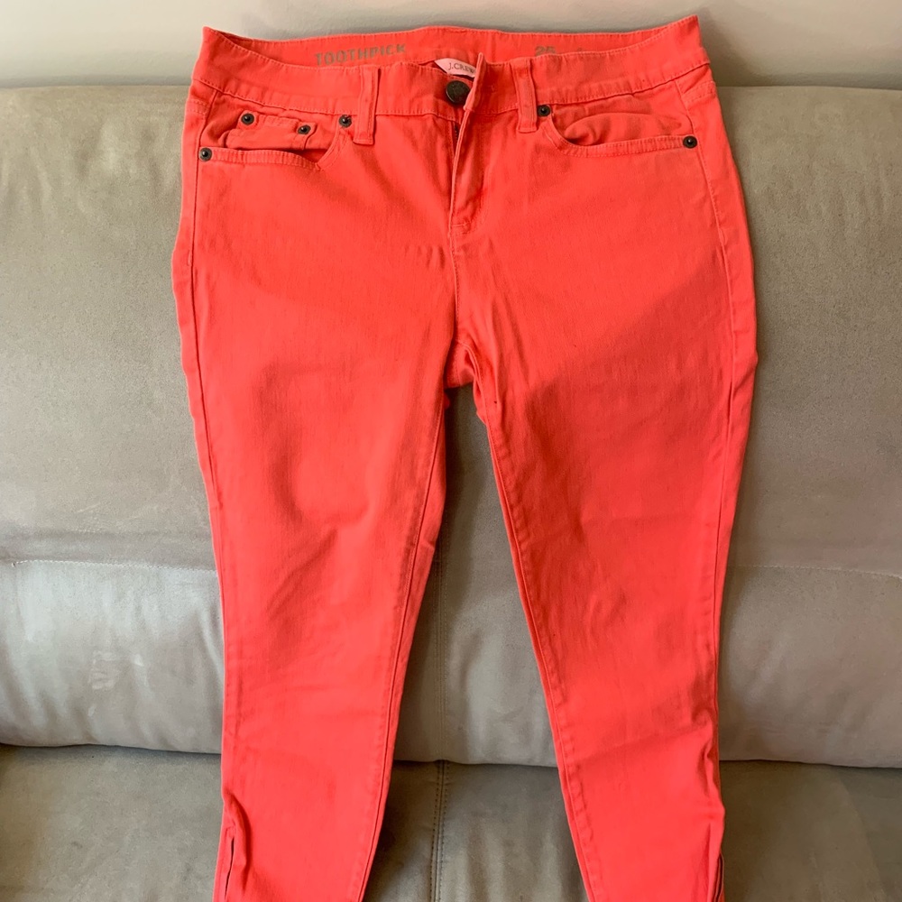 bright coral ankle zipper crop jeans